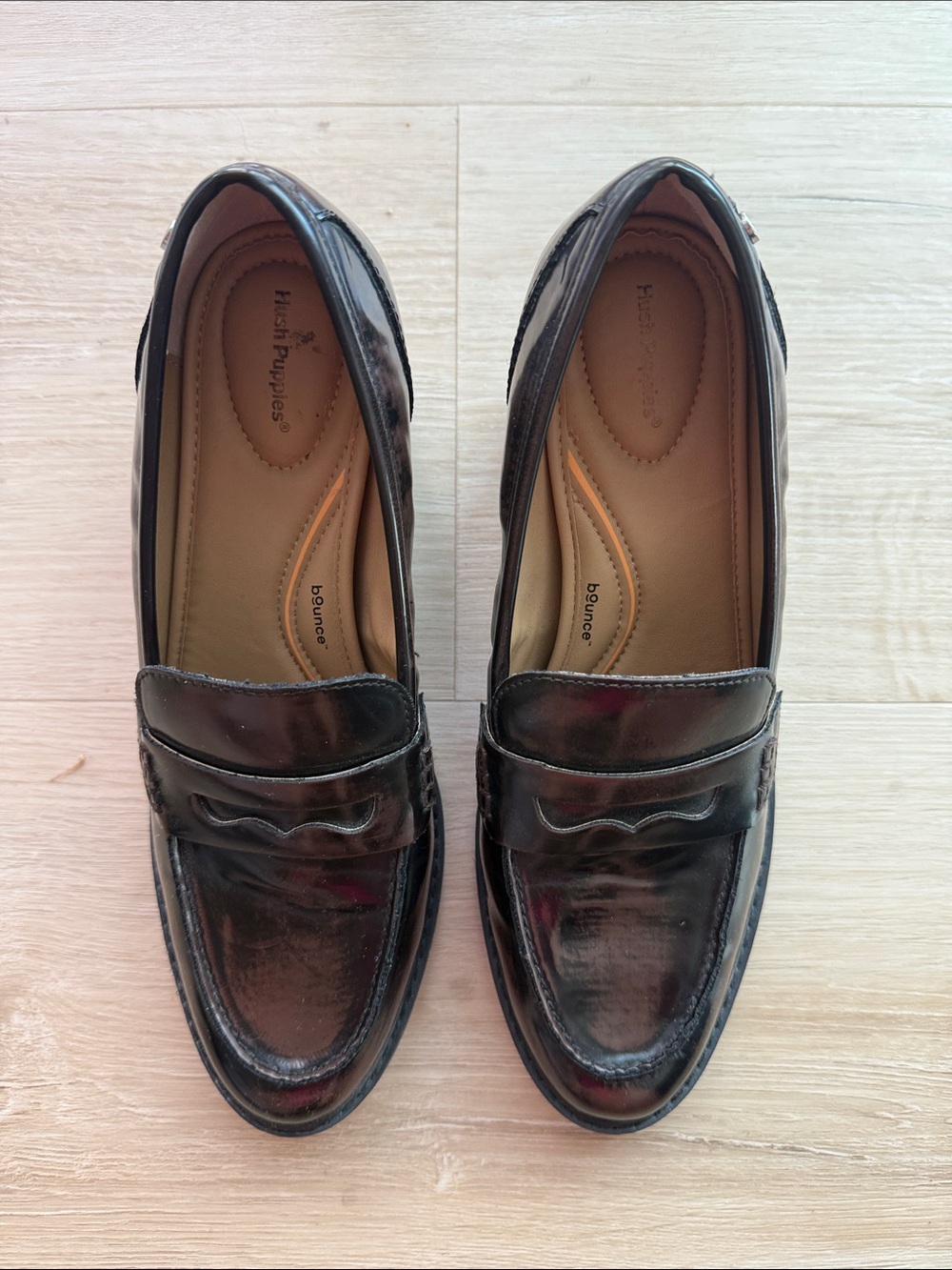 Hush Puppies Women's Brindle Brown & Black Patent Block Heel Penny Loafers